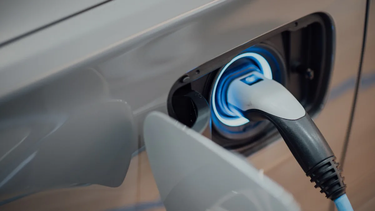 Electric vehicle charging plug locked into a car’s charging port with a blue illuminated ring