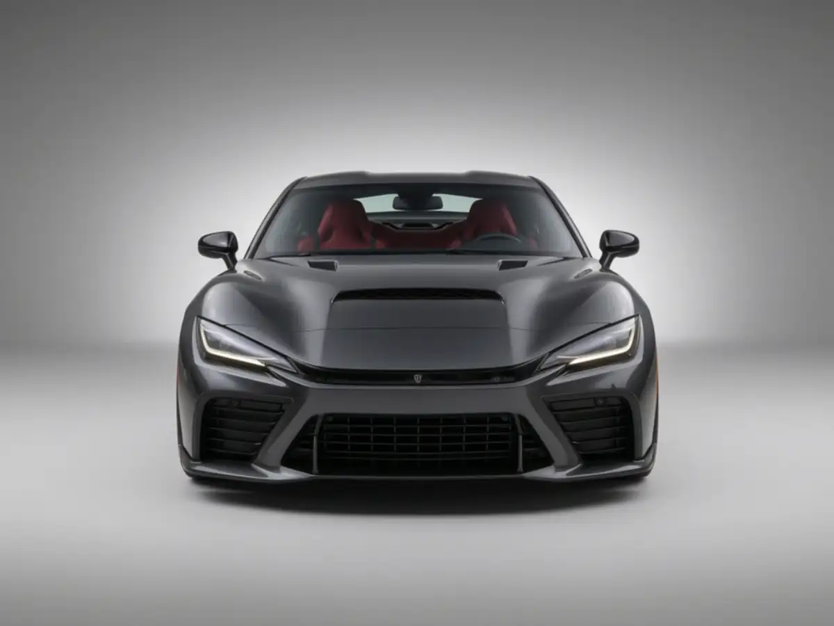 Toyota GR GT head-on studio shot showing its narrow LED headlights and low, wide nose
