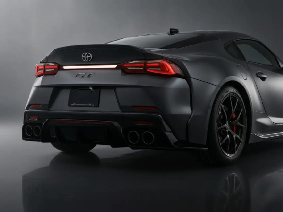 Toyota GR GT rear three-quarter detail showing its full-width LED light bar and quad exhaust
